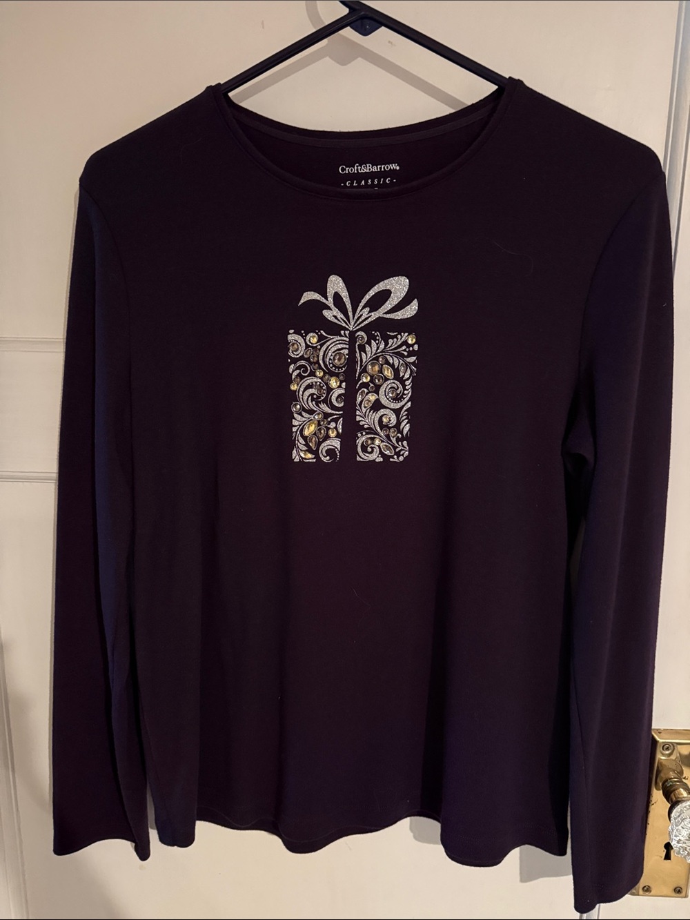 croft & barrow purple Long-Sleeve Tee with Metallic Gift Motif